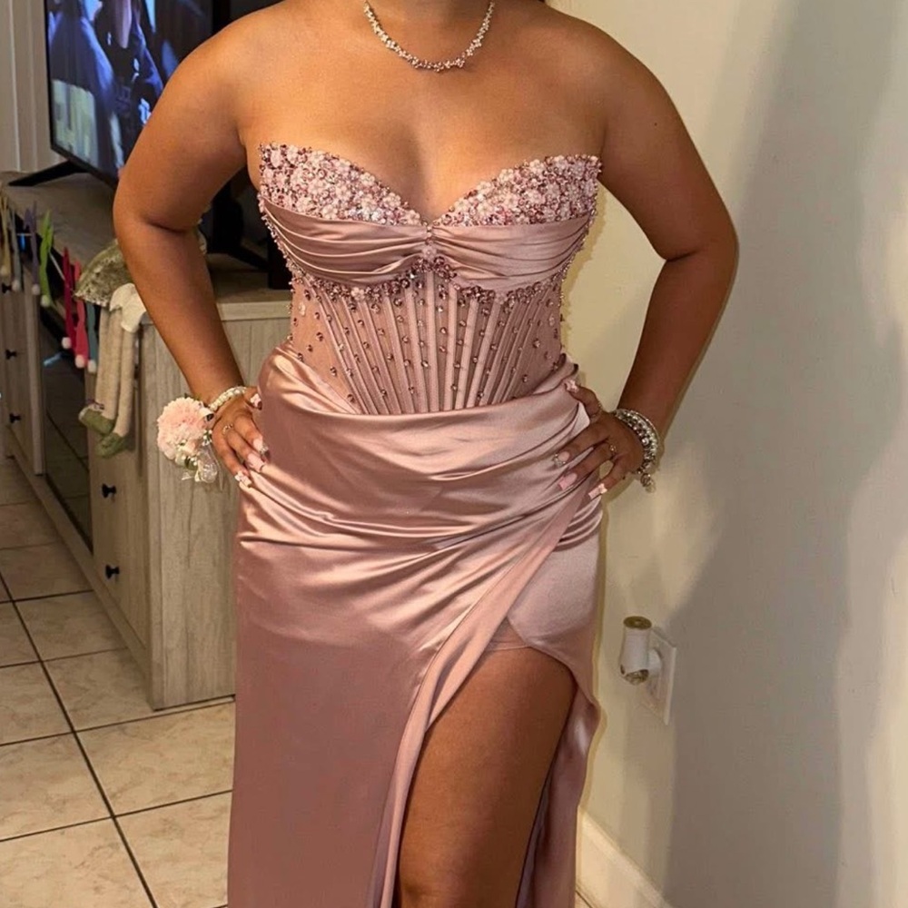 Camille La Vie Pink Strapless Ruched Gown for Prom